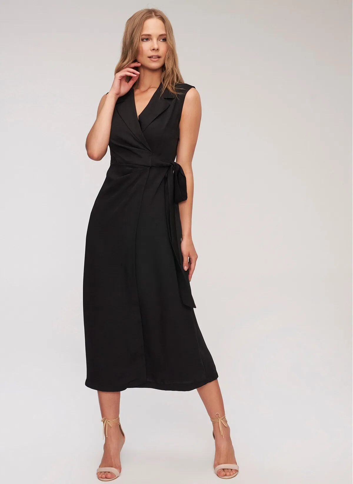 12882 Black Jacket Collar Wrap Skirt Dress