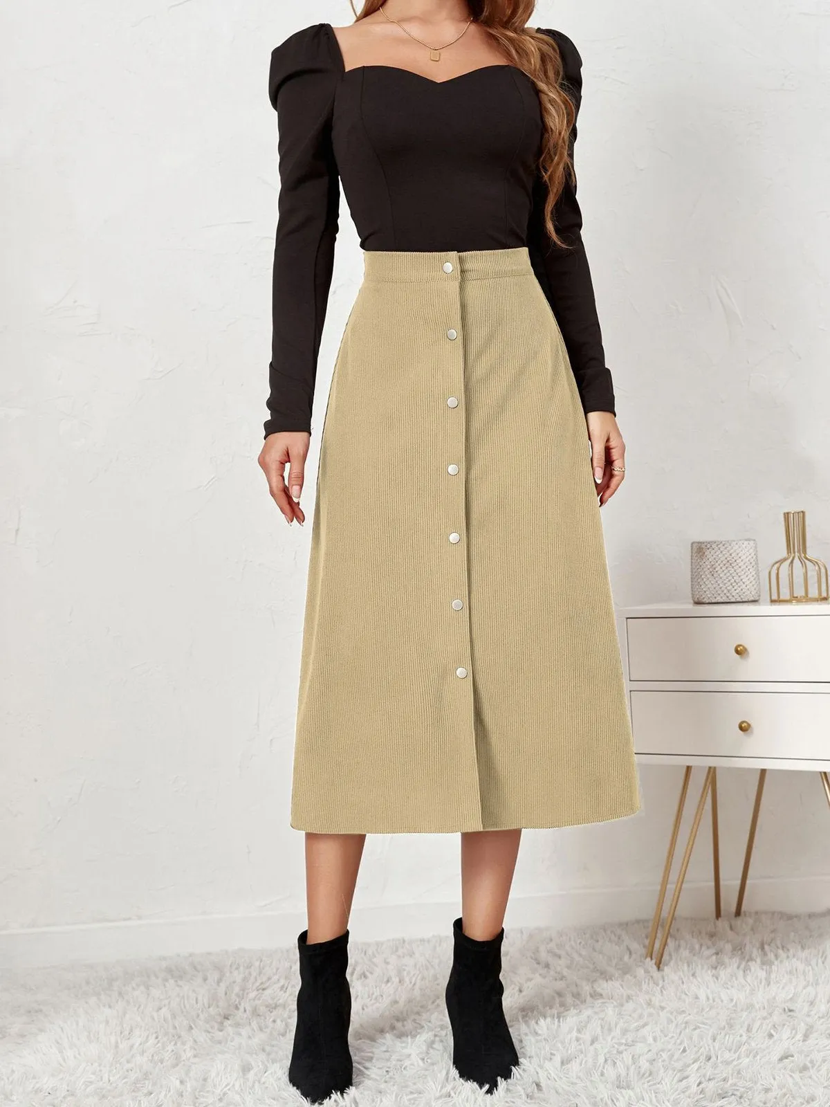 1930s Solid Buttoned Corduroy A-Line Skirt