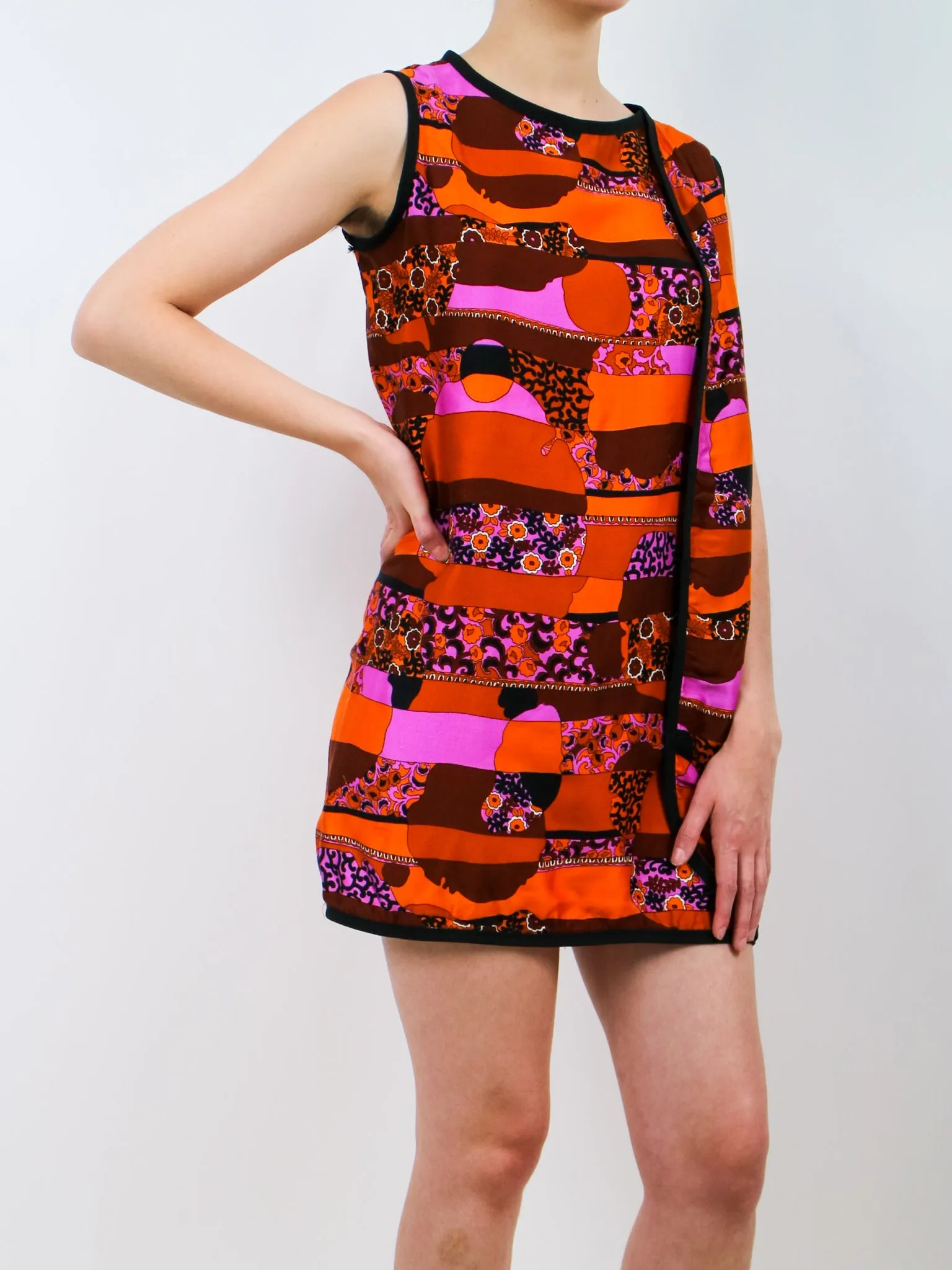 1960s Mod Orange Pink and Black Wrap Mini Dress