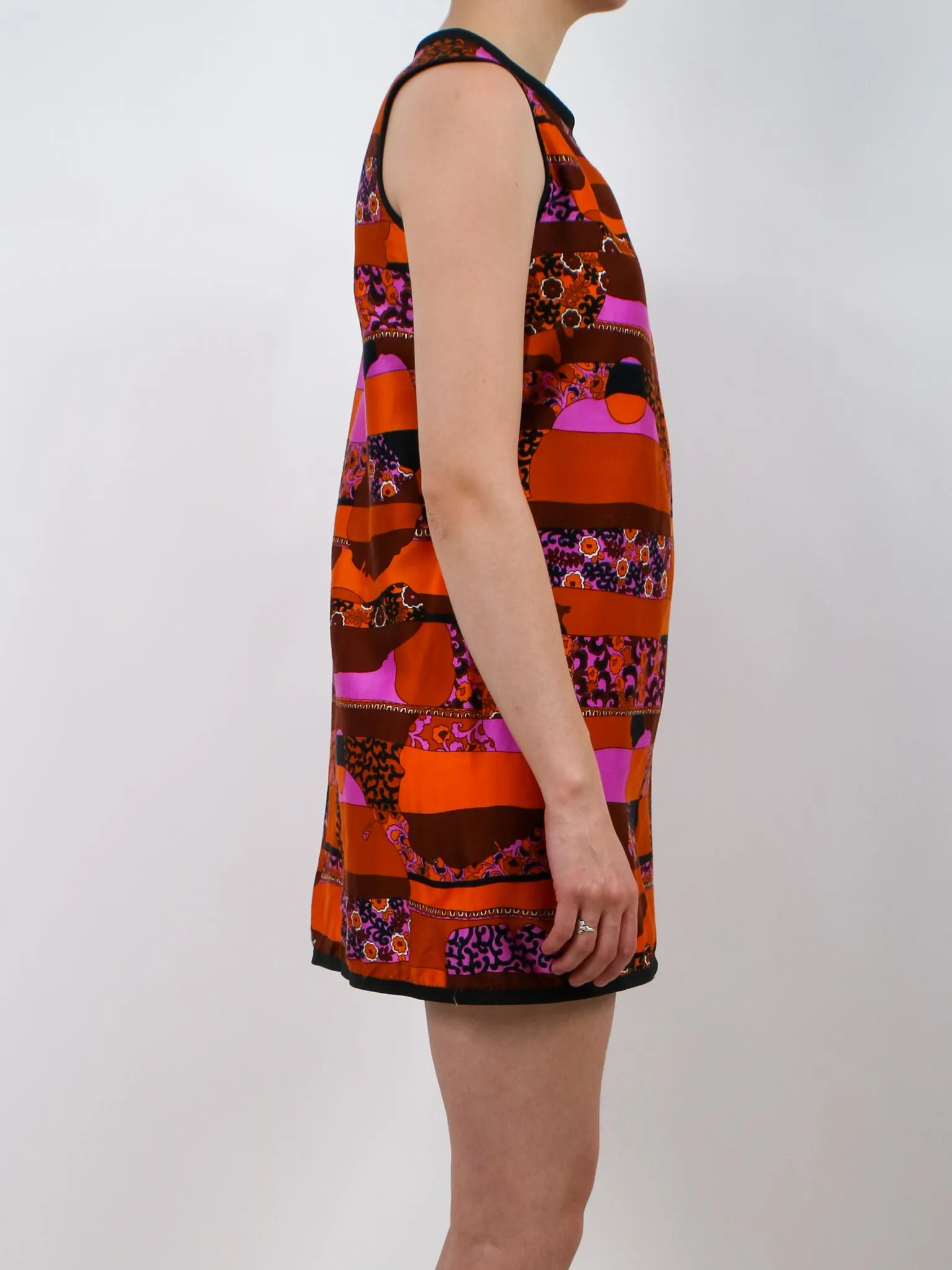 1960s Mod Orange Pink and Black Wrap Mini Dress