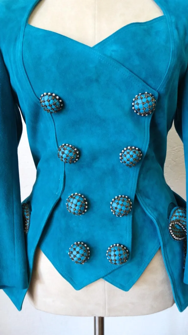 1980s Jean Claude Jitrois Embellished Teal Leather Blazer