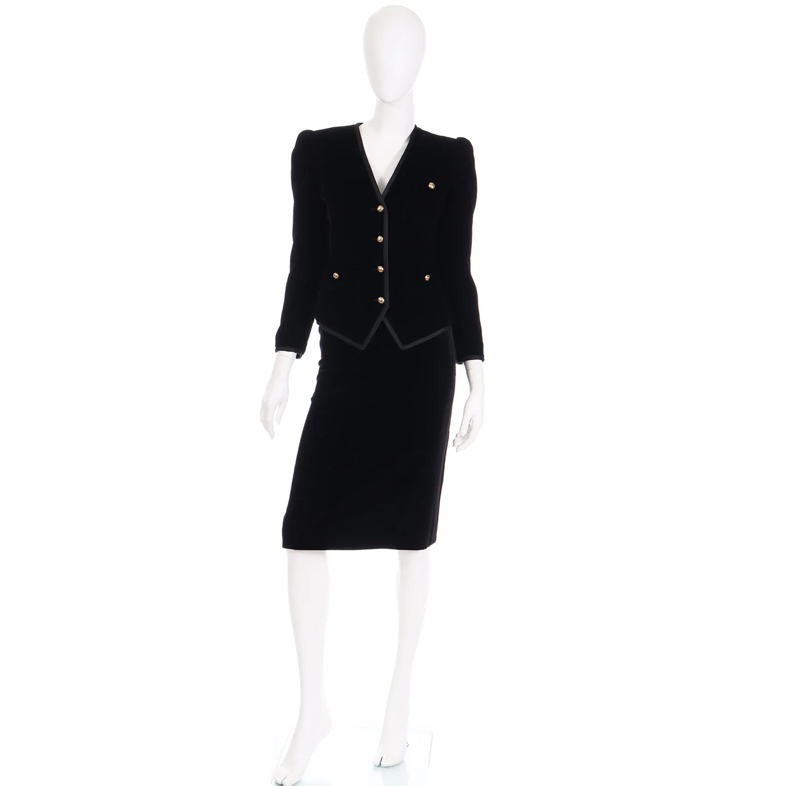 1980s Yves Saint Laurent Black Velvet Jacket and Skirt Suit