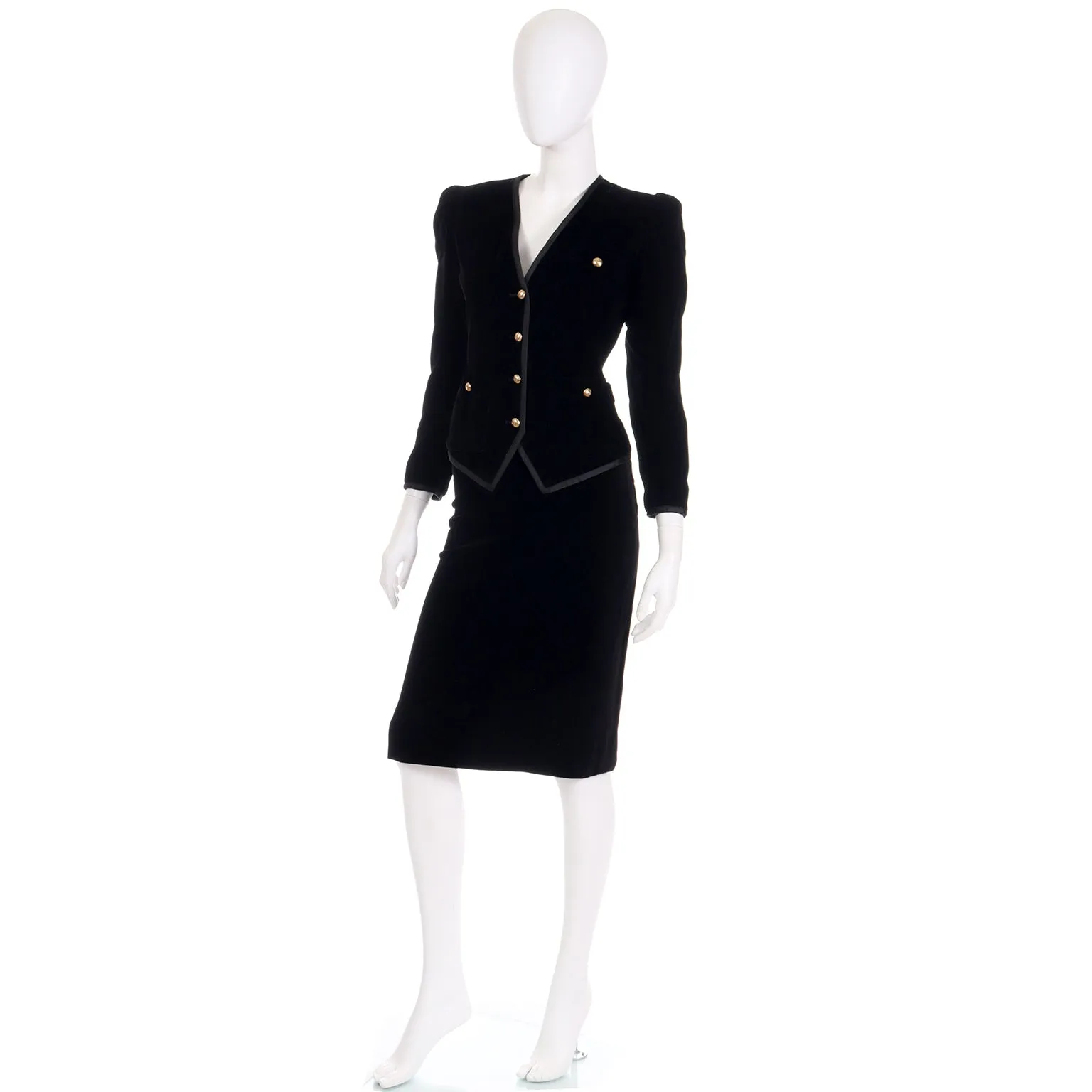 1980s Yves Saint Laurent Black Velvet Jacket and Skirt Suit