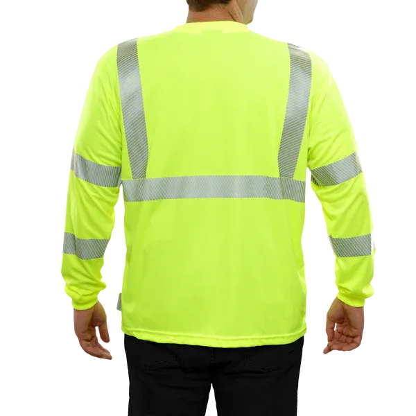 204CTLM Long Sleeve Lime Birdseye Pocket Hi-Vis Safety T-Shirt with 3MTM Comfort Trim