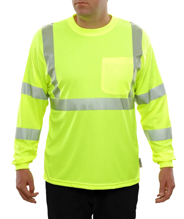 204CTLM Long Sleeve Lime Birdseye Pocket Hi-Vis Safety T-Shirt with 3MTM Comfort Trim