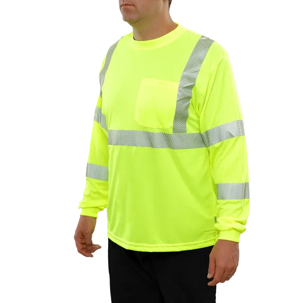 204CTLM Long Sleeve Lime Birdseye Pocket Hi-Vis Safety T-Shirt with 3MTM Comfort Trim