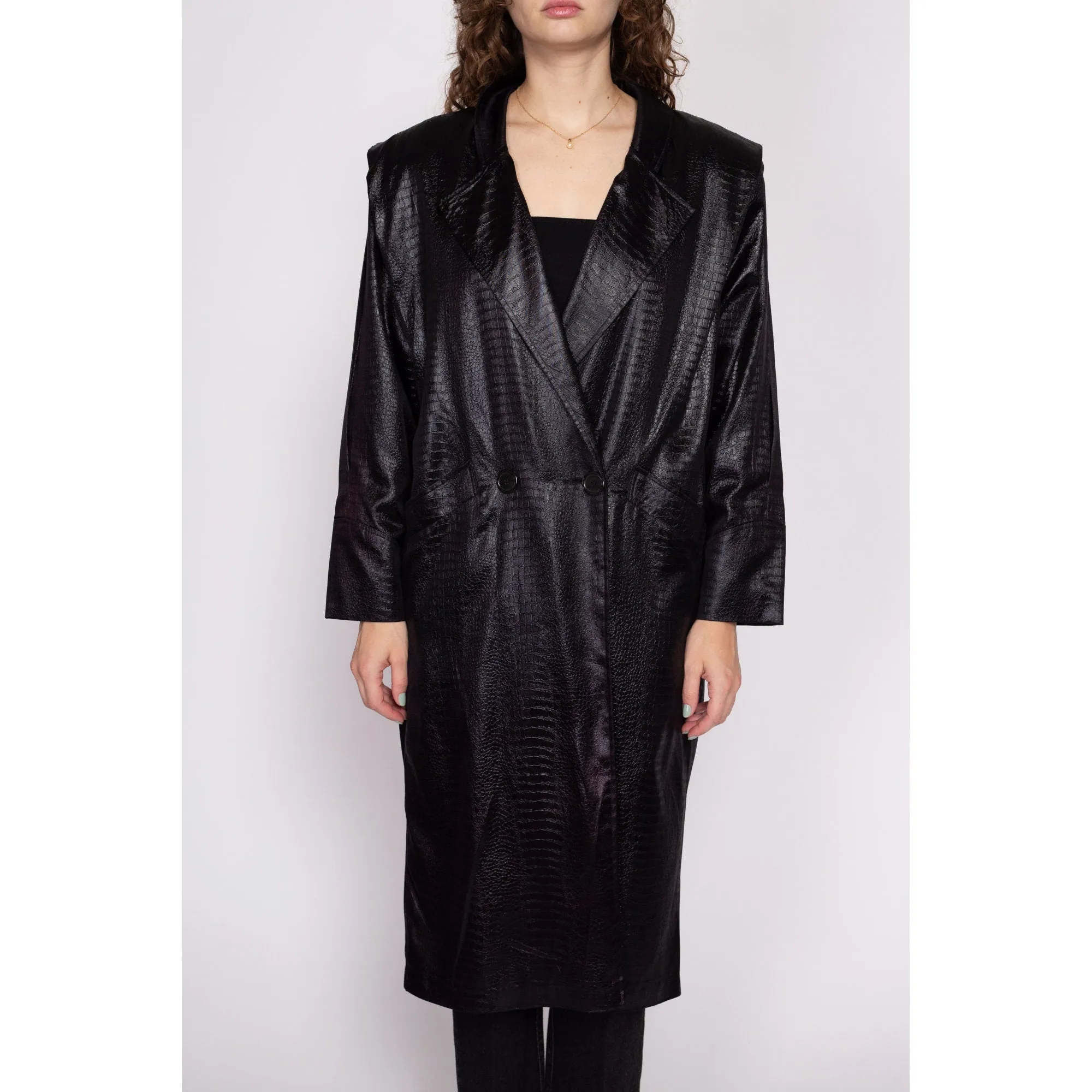 80s Black Faux Crocodile Trench Coat - Medium