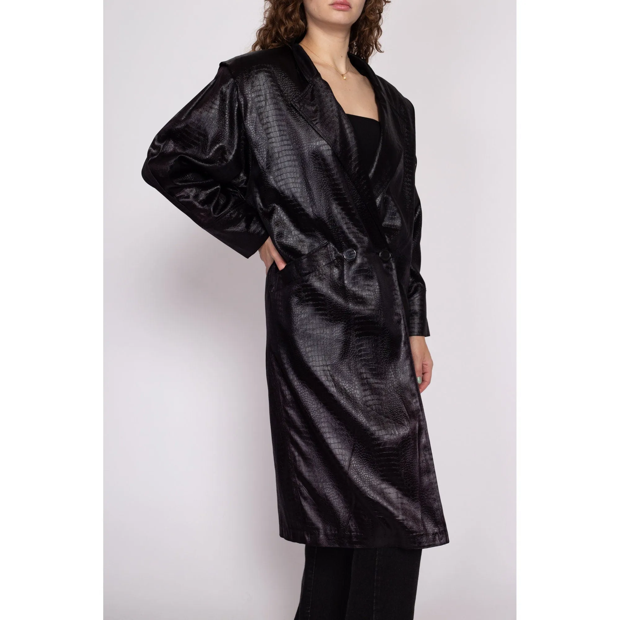 80s Black Faux Crocodile Trench Coat - Medium