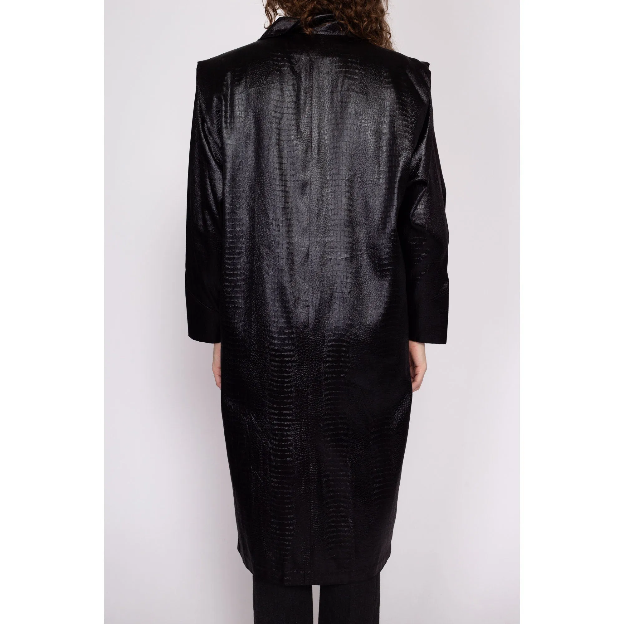 80s Black Faux Crocodile Trench Coat - Medium