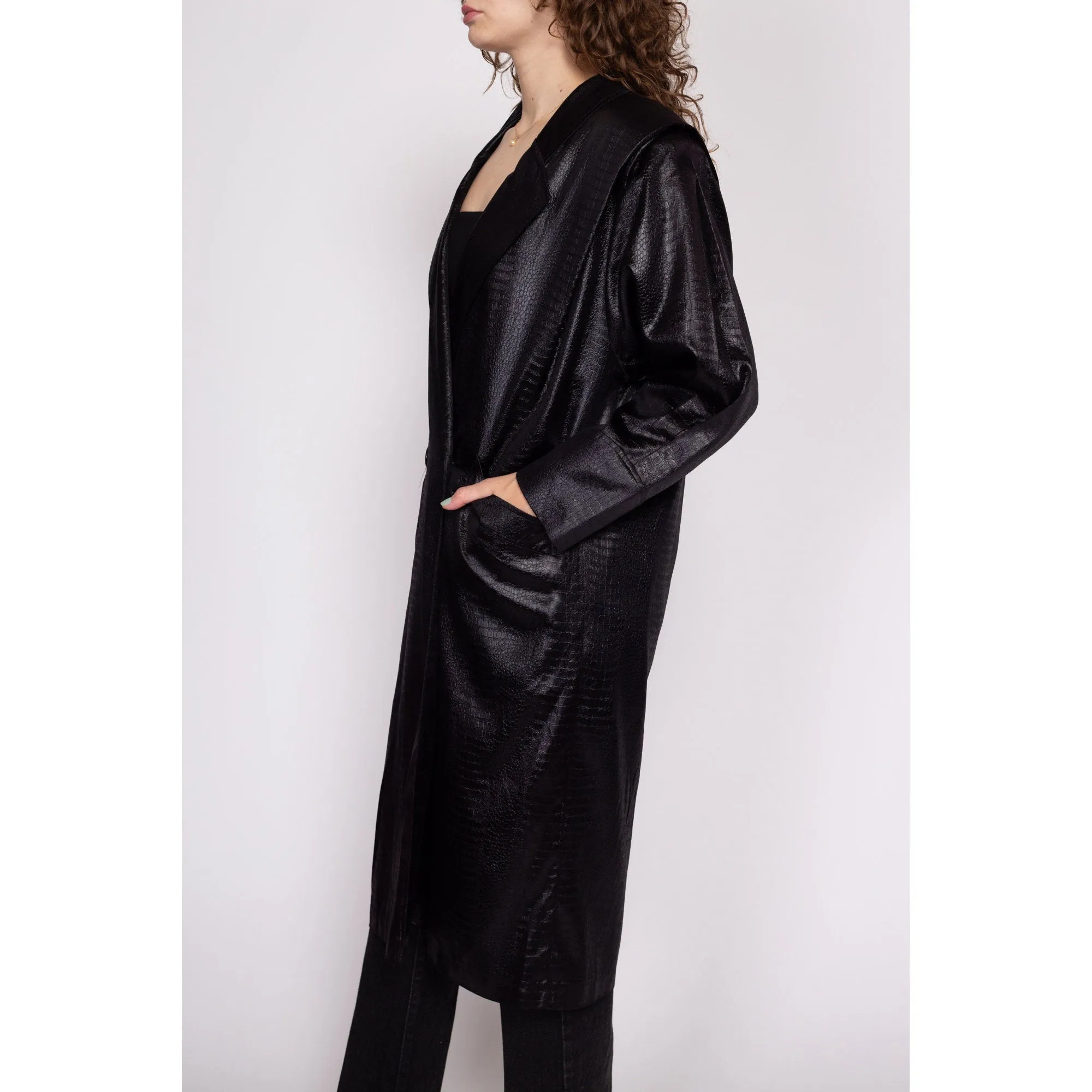 80s Black Faux Crocodile Trench Coat - Medium