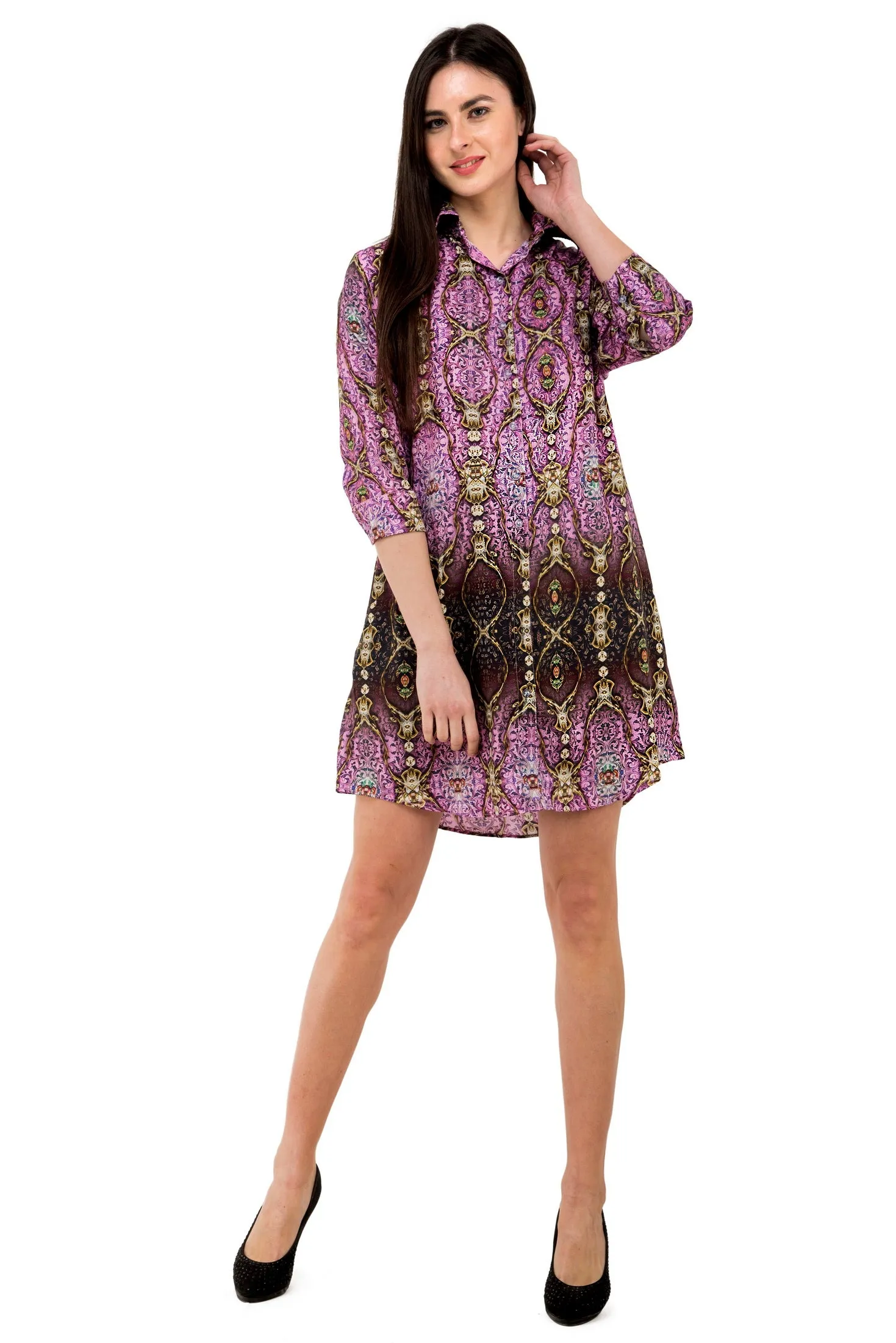 ART NOUVEAU Decorative Pink Devarshy Organic Cotton Shirt Dress - 012A