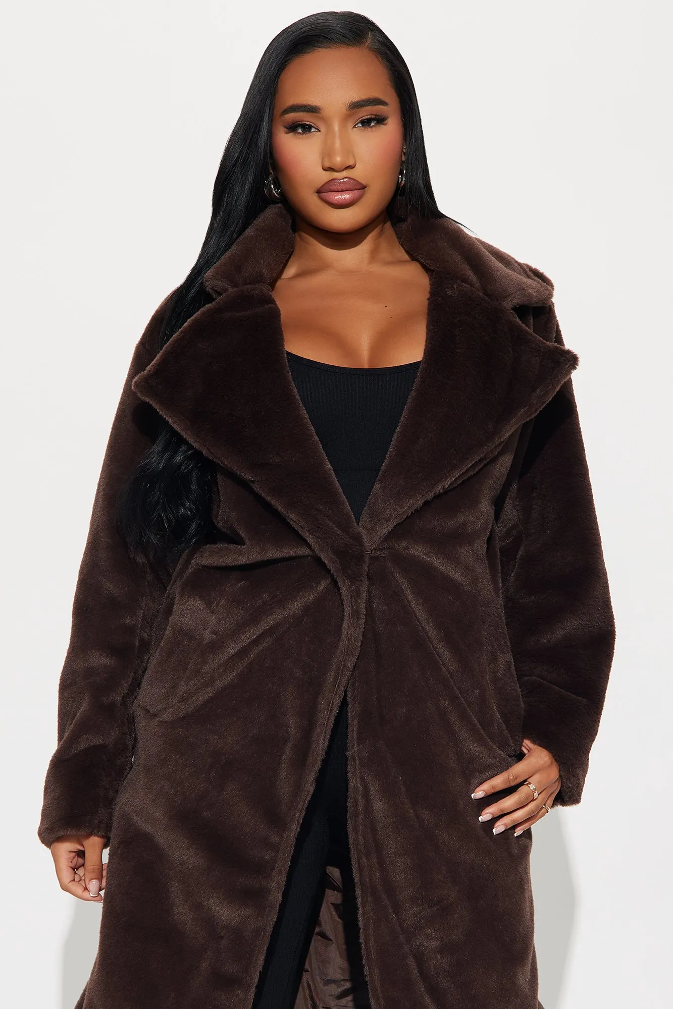 Ashley Faux Fur Trench Coat - Chocolate