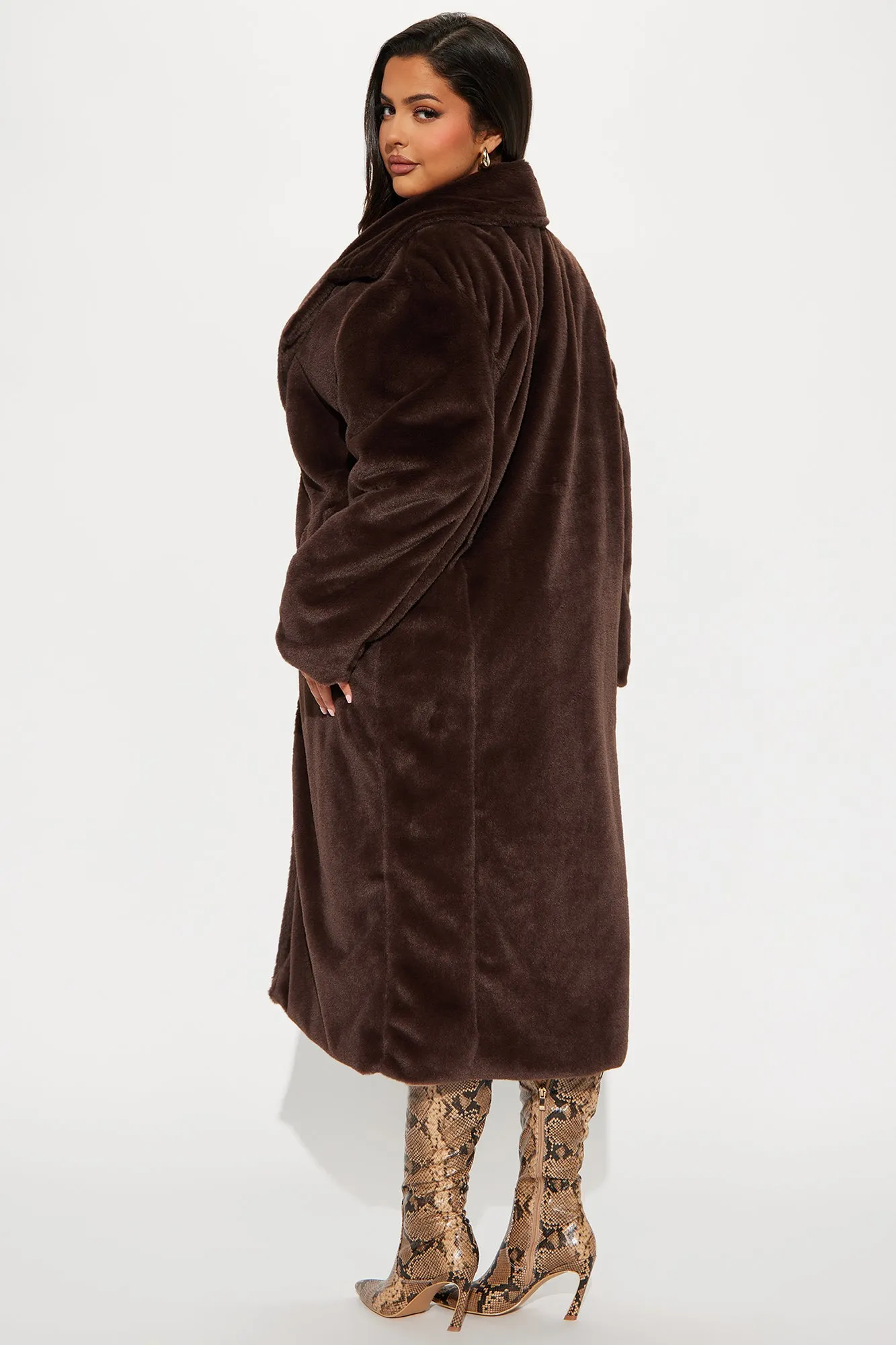 Ashley Faux Fur Trench Coat - Chocolate