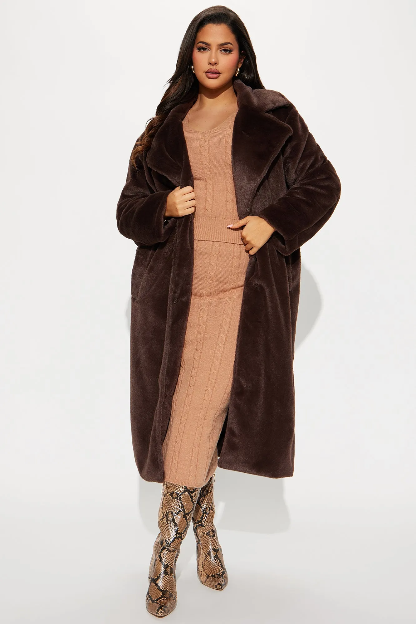 Ashley Faux Fur Trench Coat - Chocolate