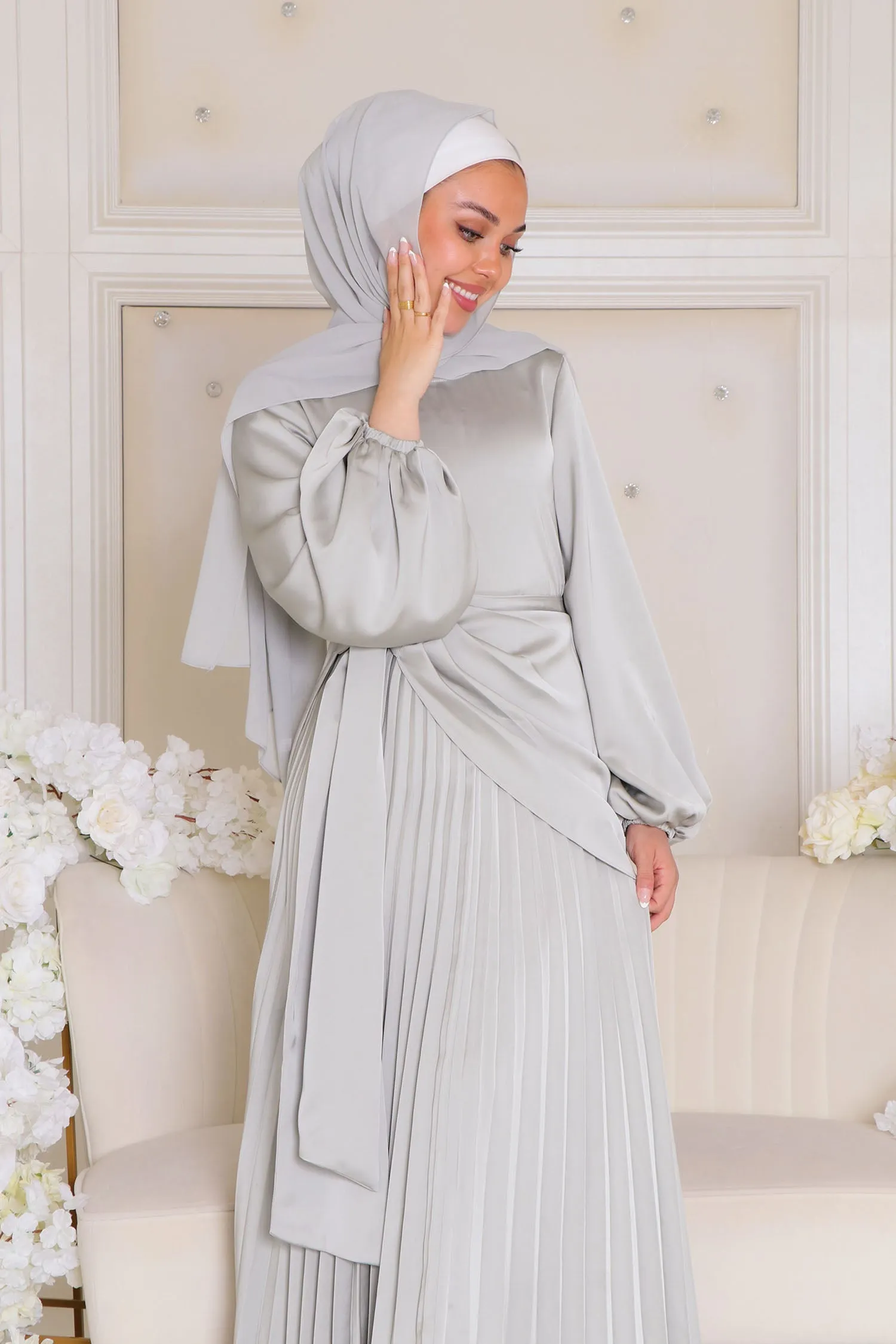 Athena Pleat Satin Dress- Light Mint Gray