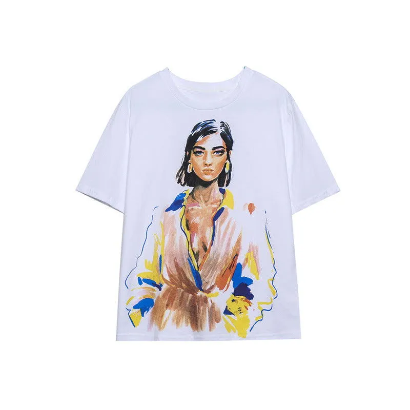 Autumn Women Clothing Street Girl Pattern Printed Short Sleeve T shirt