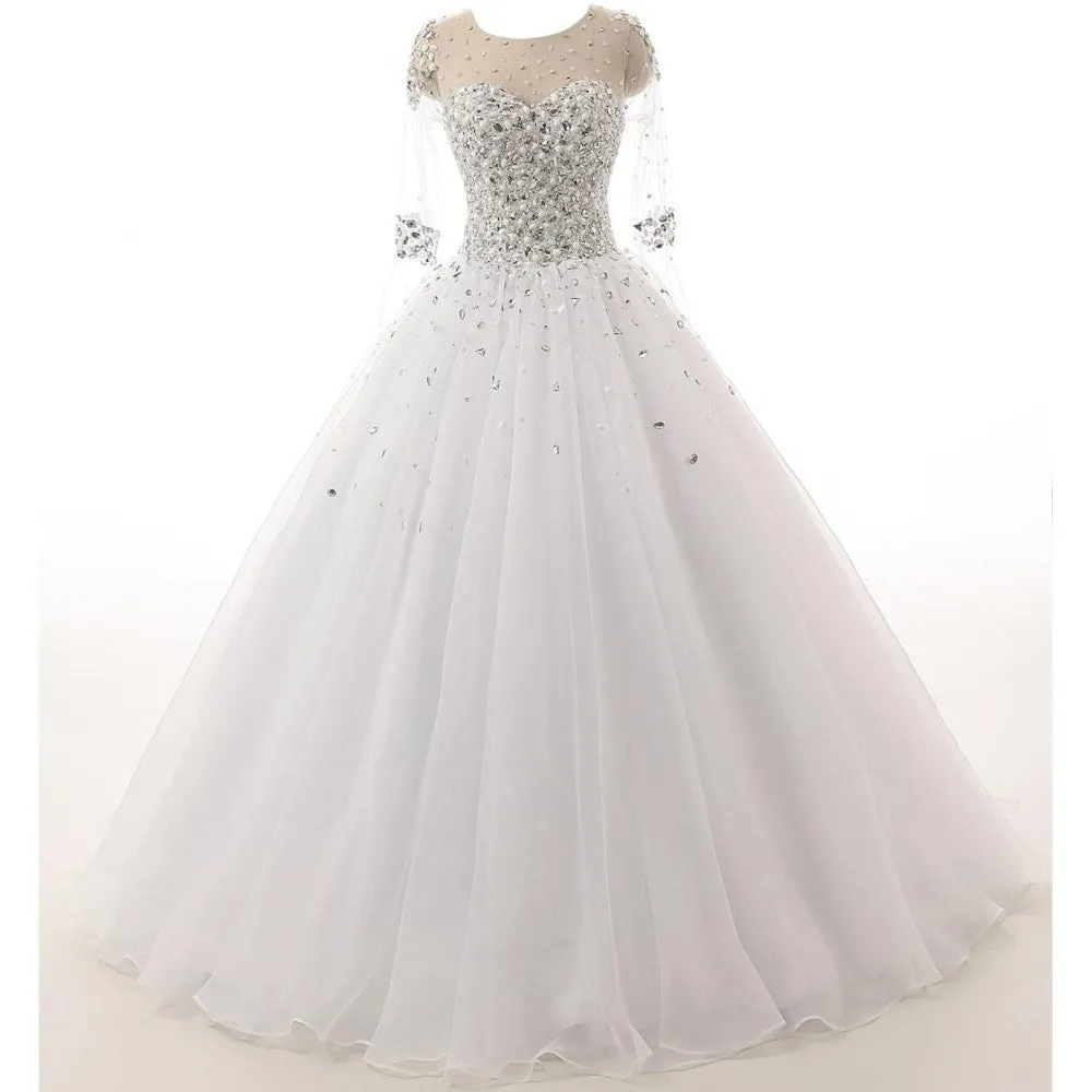 Ball Gown Wedding Dresses Jewel Neck Court Train Satin Tulle Long Sleeve See-Through Bride Dress