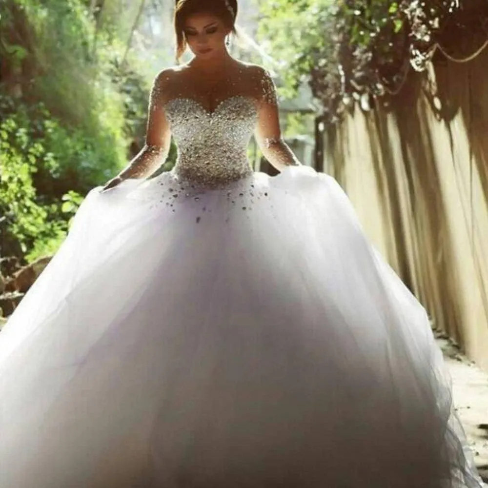 Ball Gown Wedding Dresses Jewel Neck Court Train Satin Tulle Long Sleeve See-Through Bride Dress