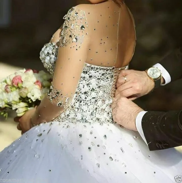 Ball Gown Wedding Dresses Jewel Neck Court Train Satin Tulle Long Sleeve See-Through Bride Dress