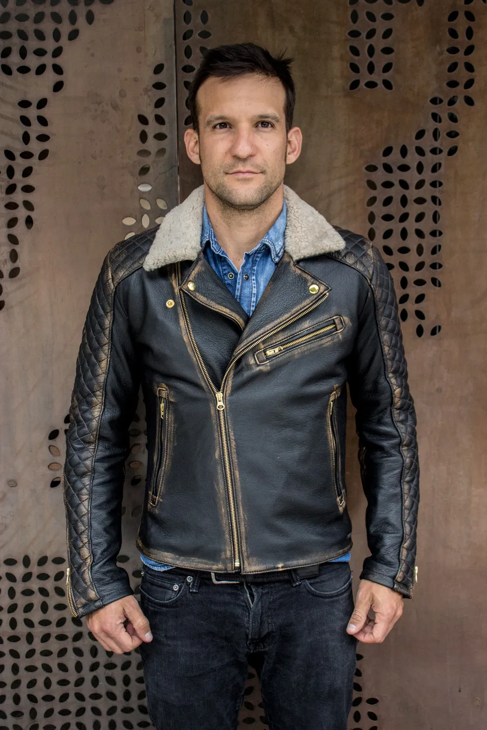 BELGRAVE SQ Leather Jacket Shearling  Quilted in Distressed Brown