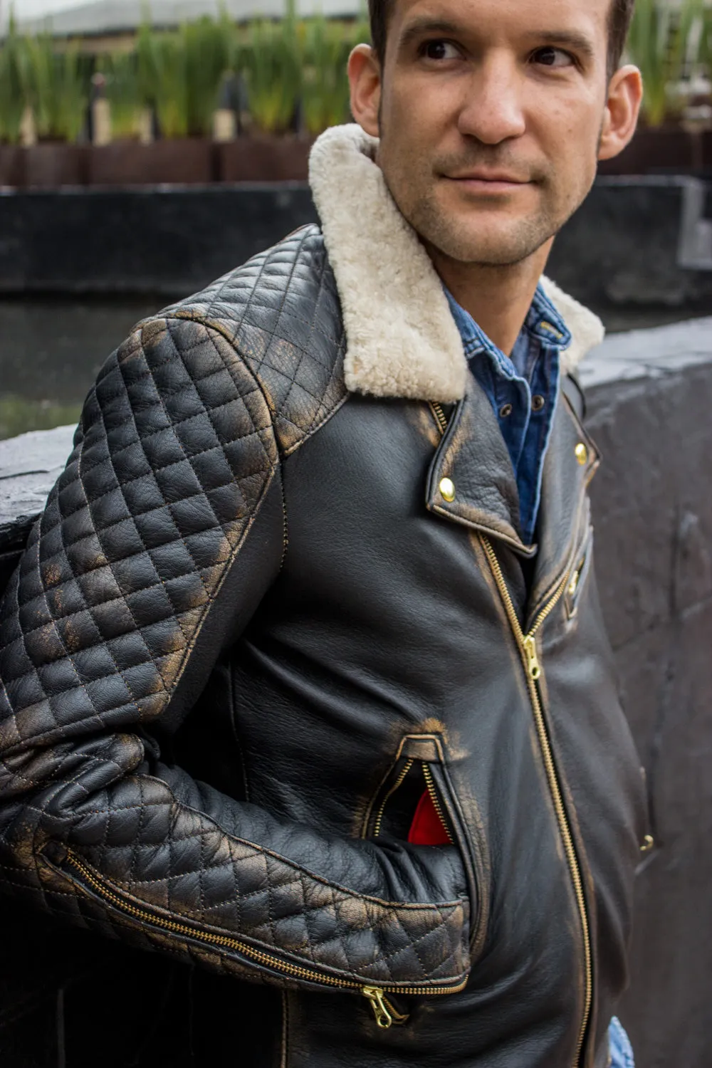 BELGRAVE SQ Leather Jacket Shearling  Quilted in Distressed Brown