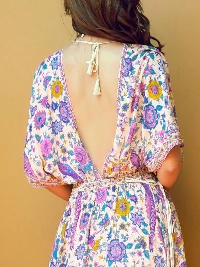 Belted Floral Printed Deep V Neck Off Back Maxi Dress