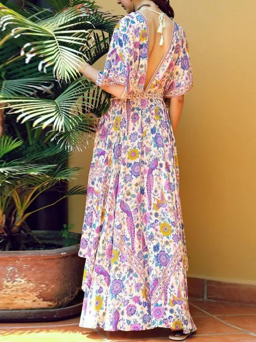 Belted Floral Printed Deep V Neck Off Back Maxi Dress