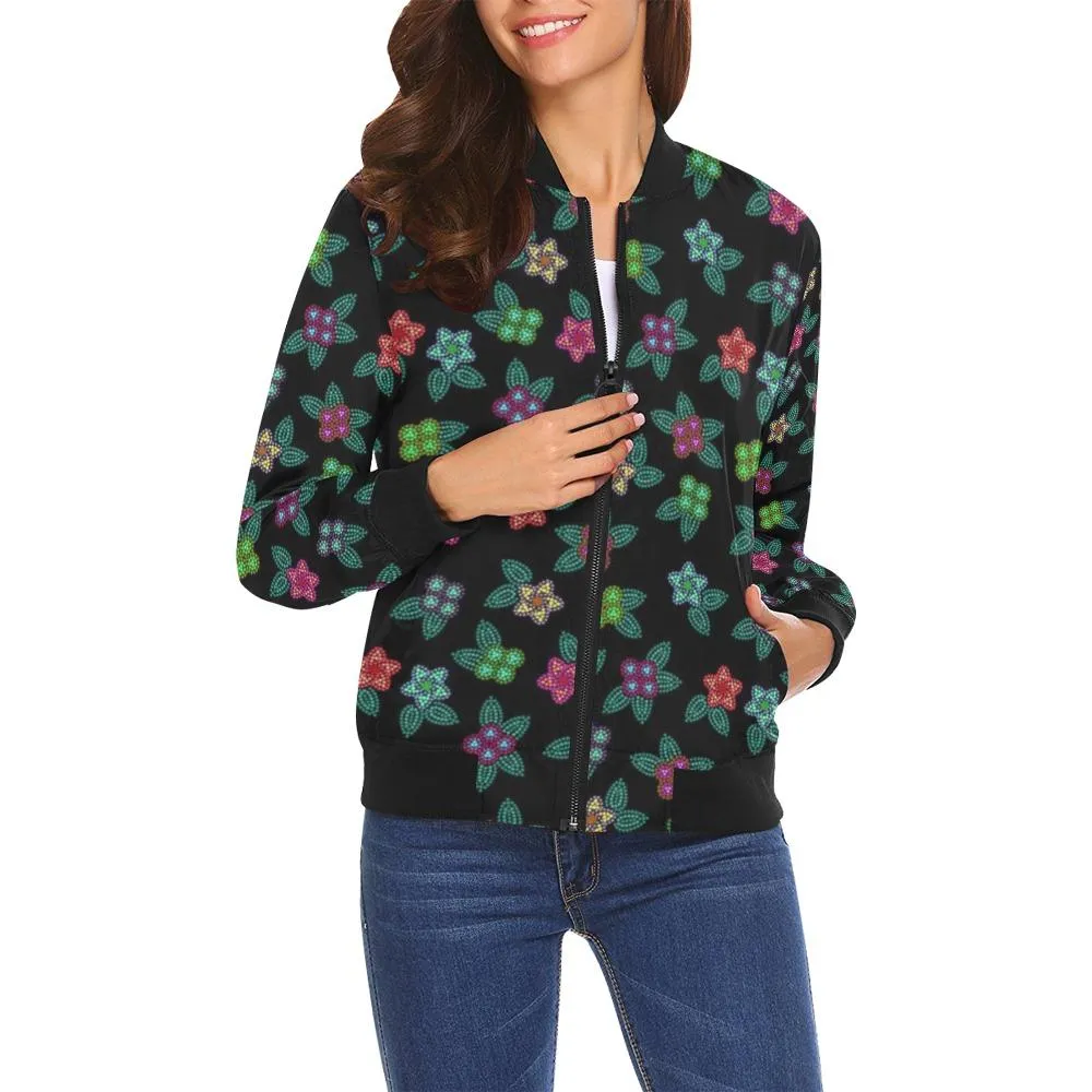 Berry Flowers Black Bomber Jacket for Women