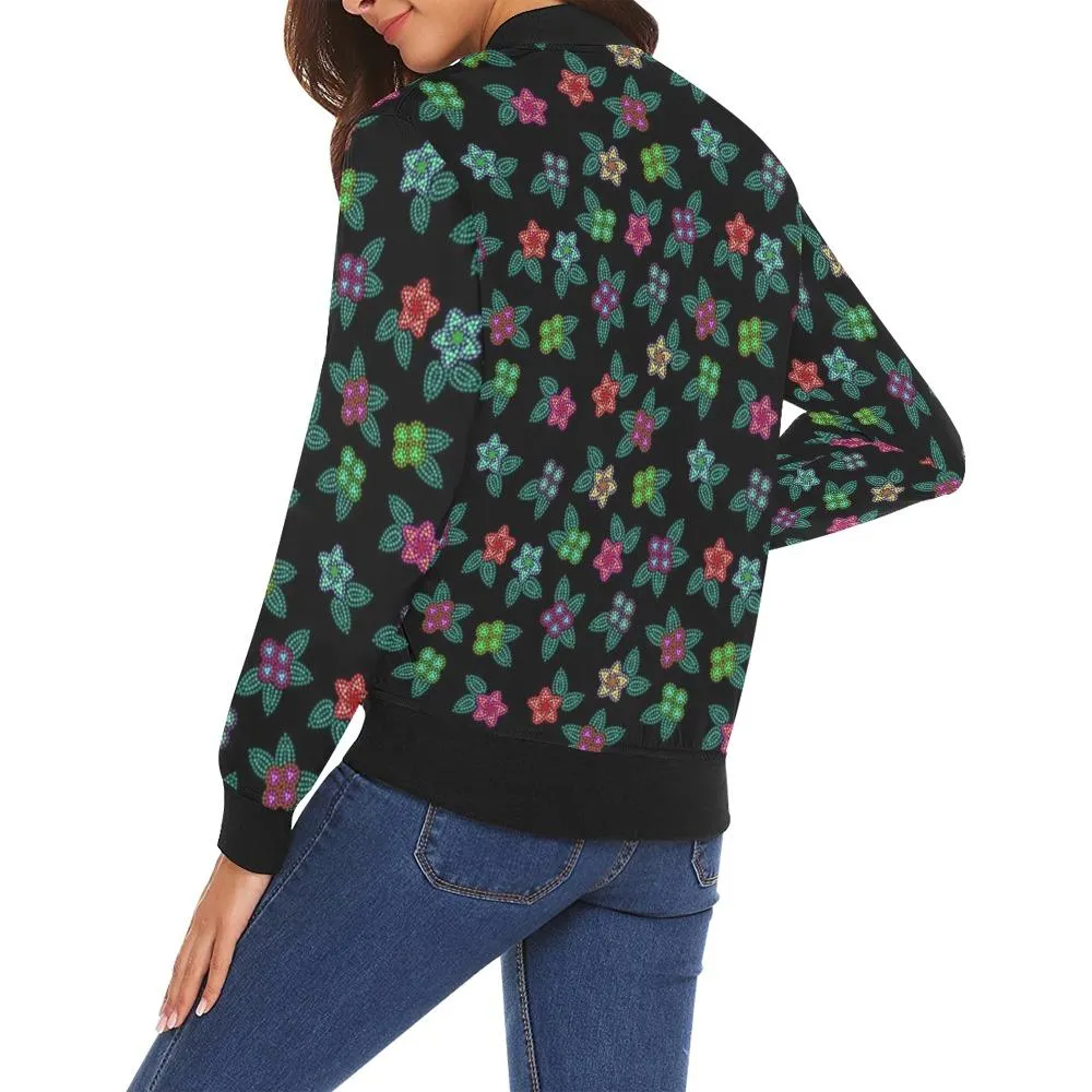 Berry Flowers Black Bomber Jacket for Women