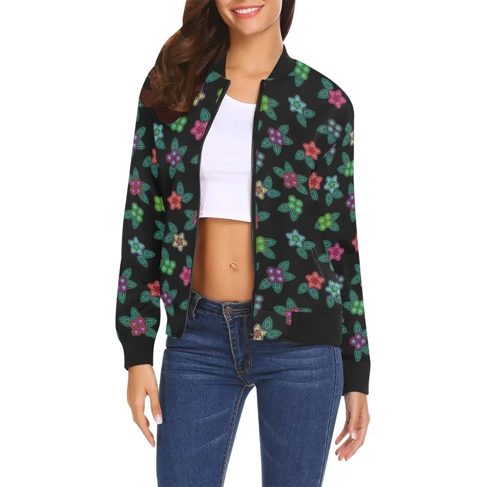 Berry Flowers Black Bomber Jacket for Women