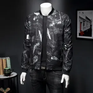 Black Bomber Jacket Men Line Printing Casual