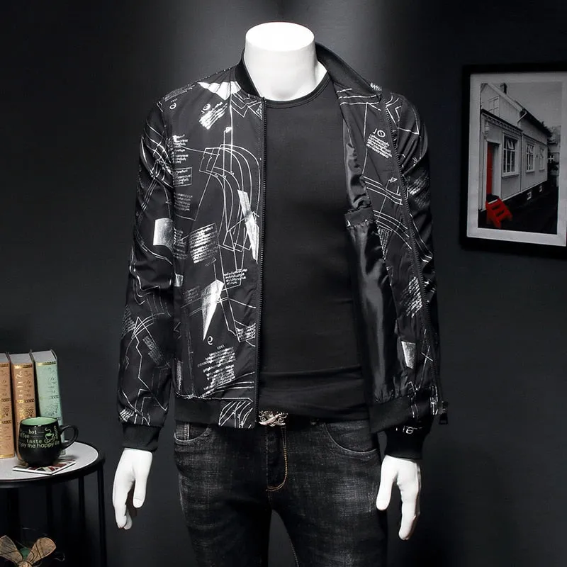 Black Bomber Jacket Men Line Printing Casual