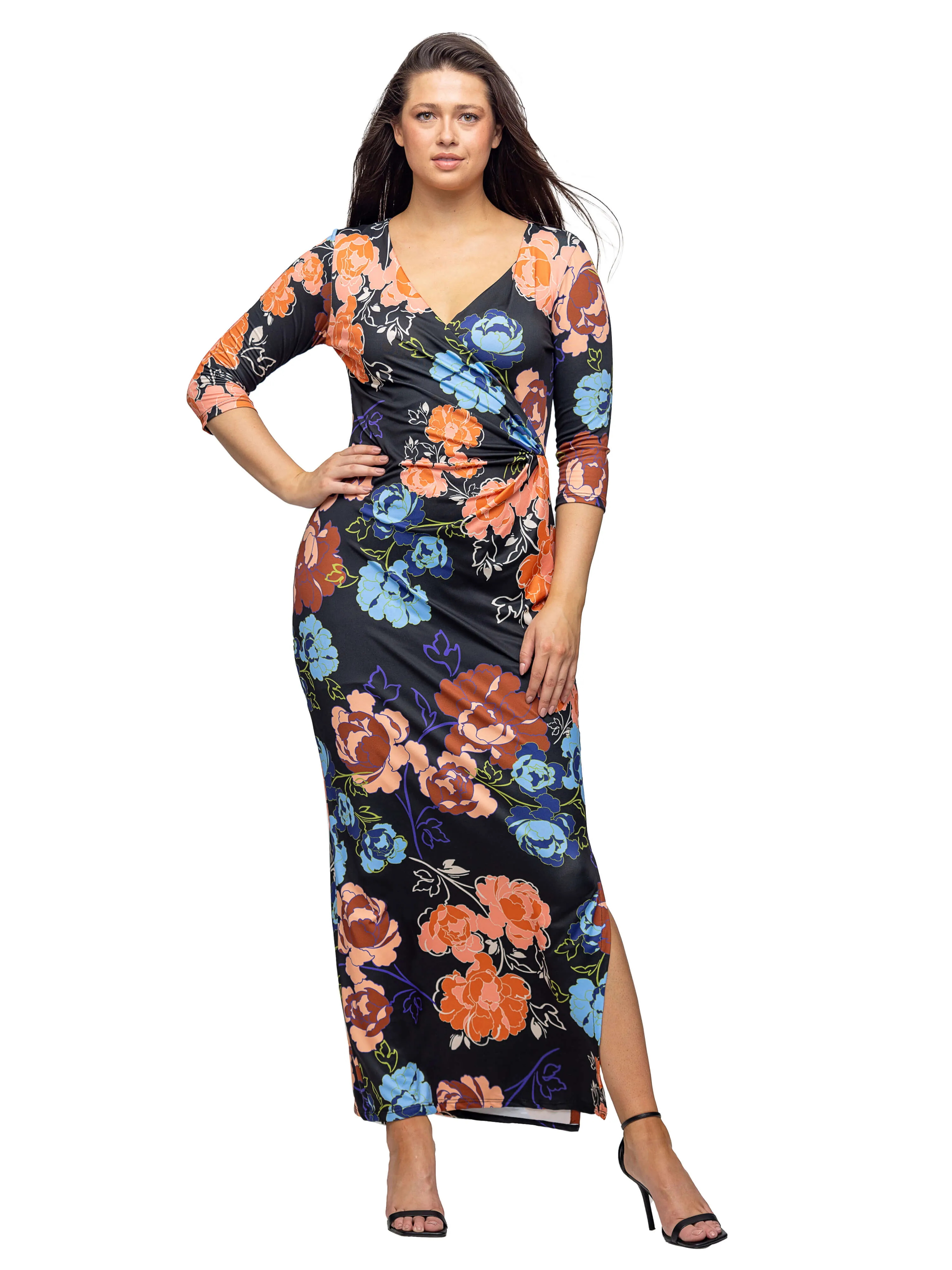 Black Floral Three Quarter Sleeve Side Slit Maxi Dress