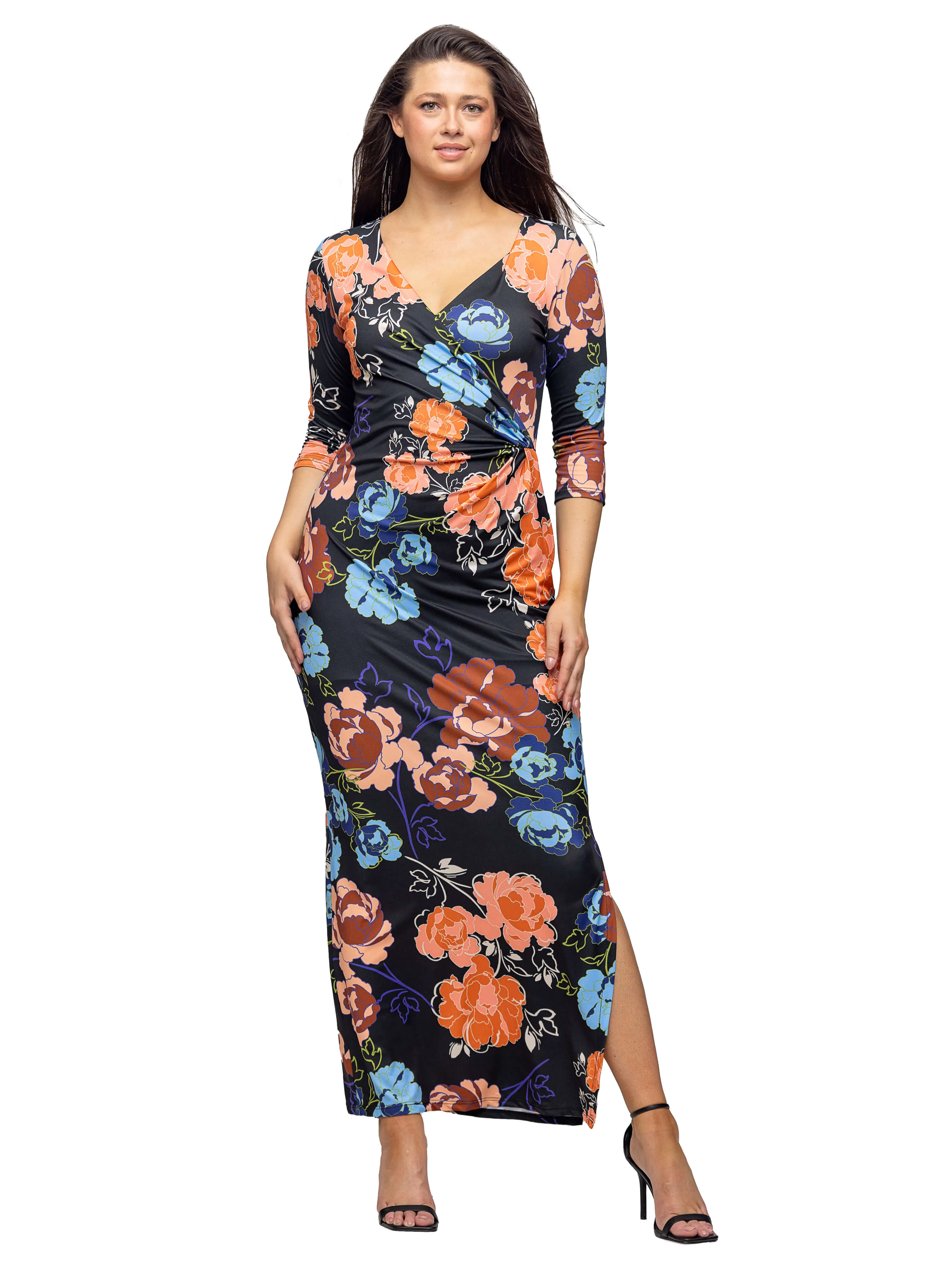 Black Floral Three Quarter Sleeve Side Slit Maxi Dress