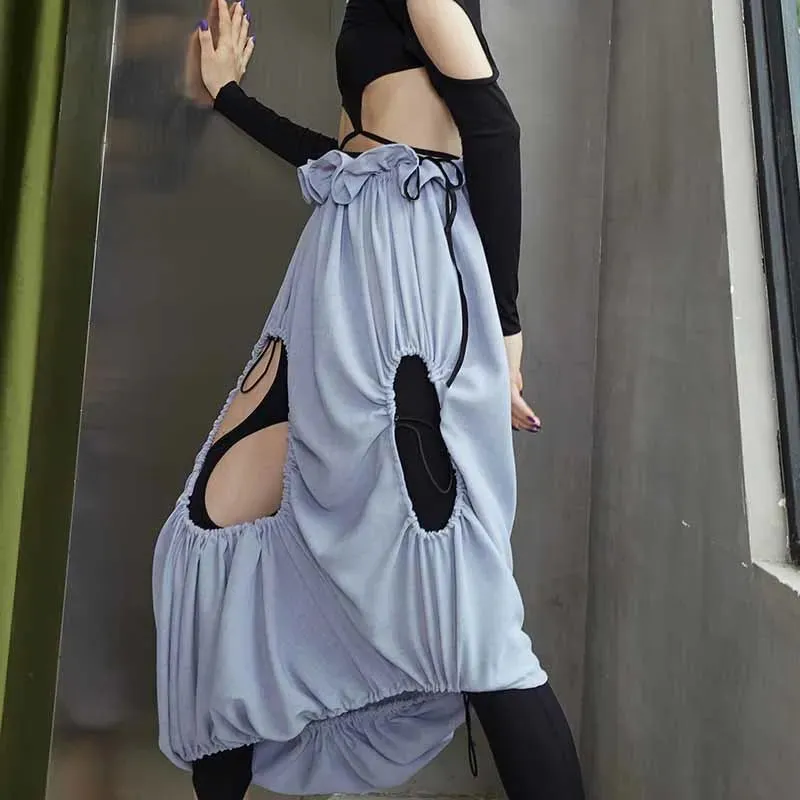 Blue Hollow Out Asymmetrical Sexy Skirt For Women High Waist Solid Mid Skirts Female Summer Clothing Style