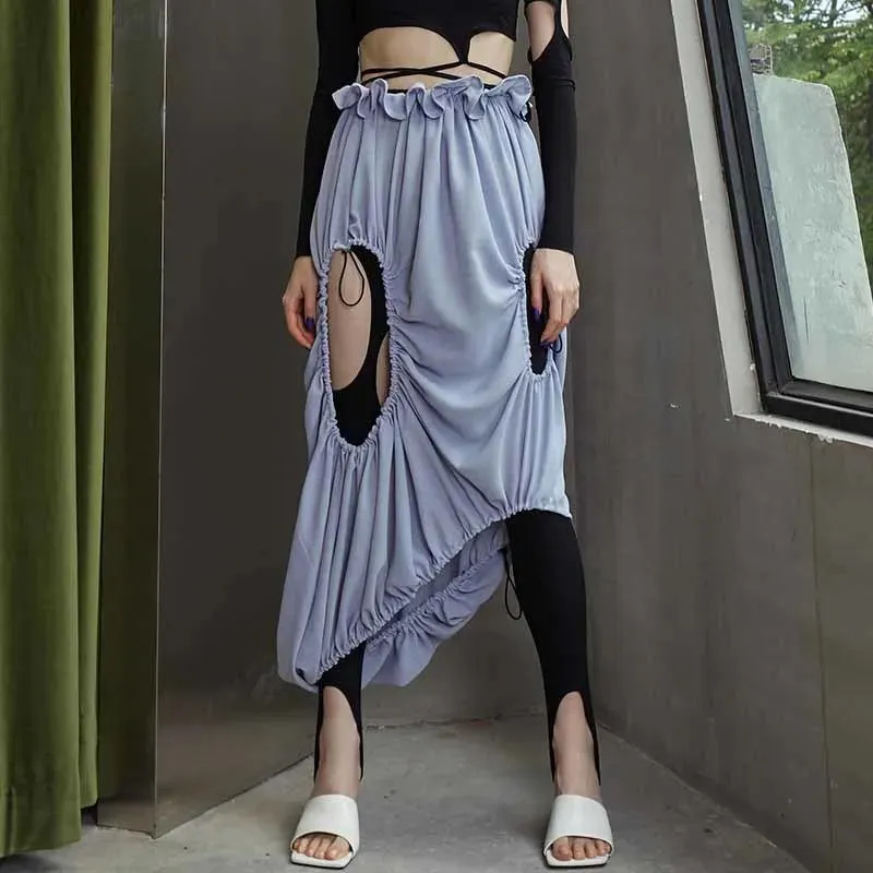 Blue Hollow Out Asymmetrical Sexy Skirt For Women High Waist Solid Mid Skirts Female Summer Clothing Style