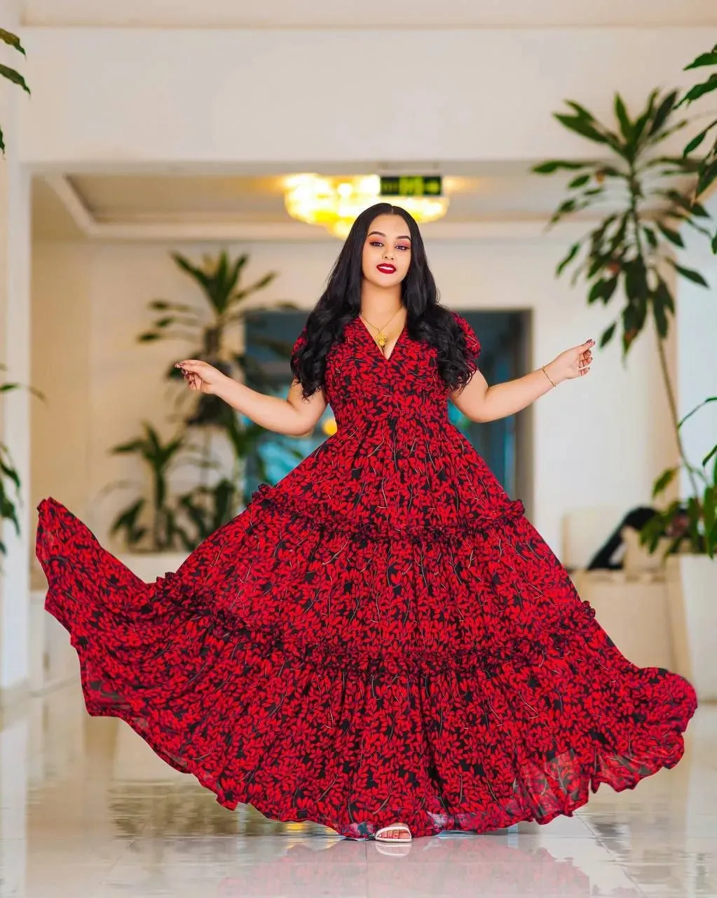 Bold Red Ethiopian Made Chiffon Dress: with Beautiful Black Ornaments Habesha Chiffon Dress