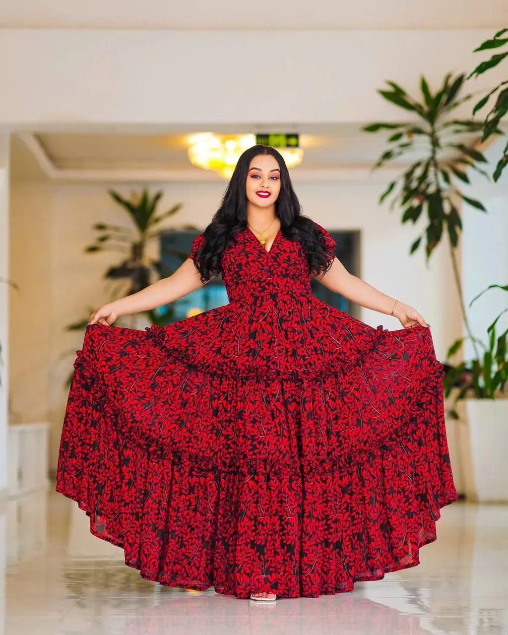 Bold Red Ethiopian Made Chiffon Dress: with Beautiful Black Ornaments Habesha Chiffon Dress