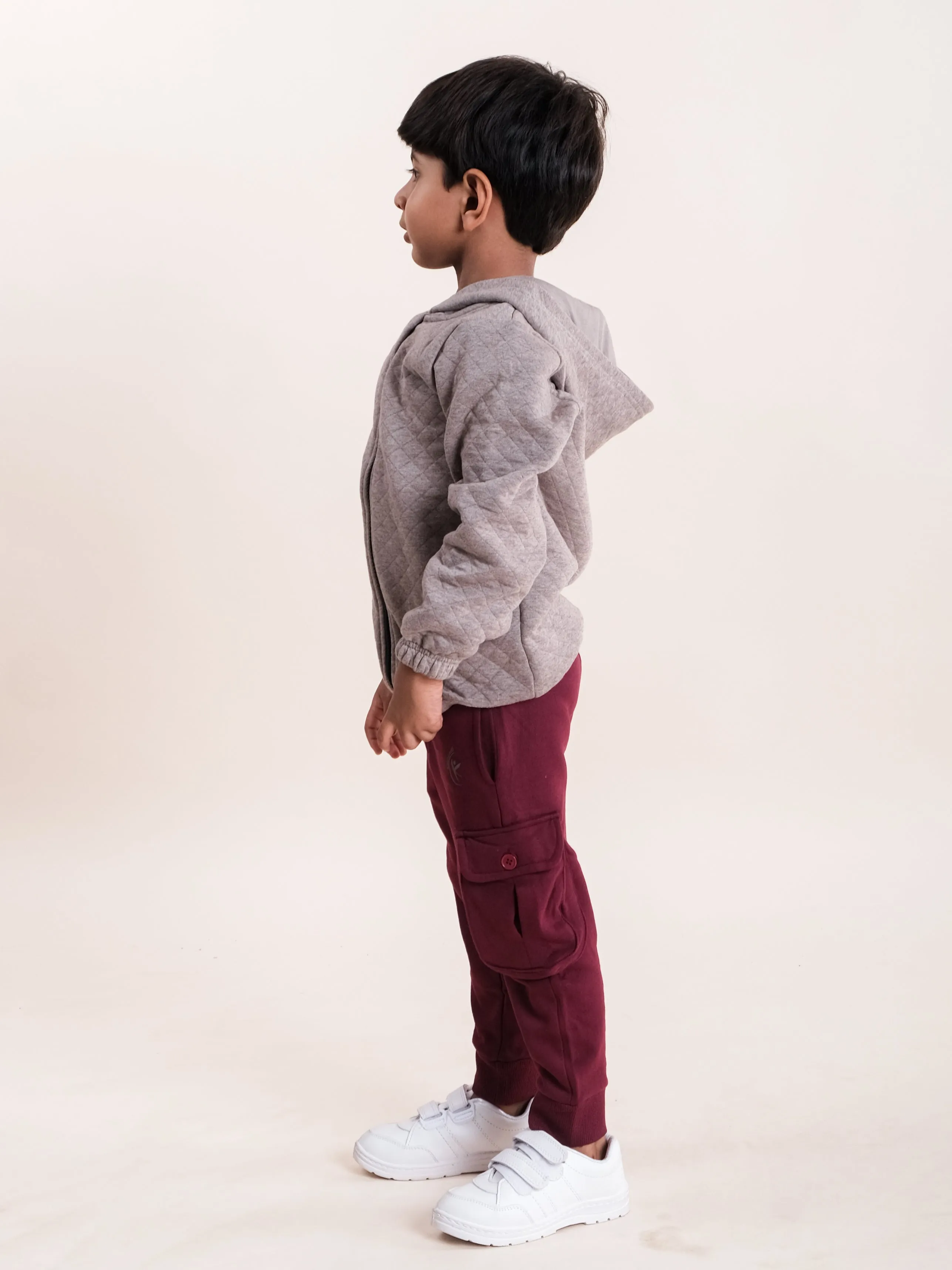 Boys Cotton Quilted Hooded Jacket With Fleece Cargo Track Pant Set