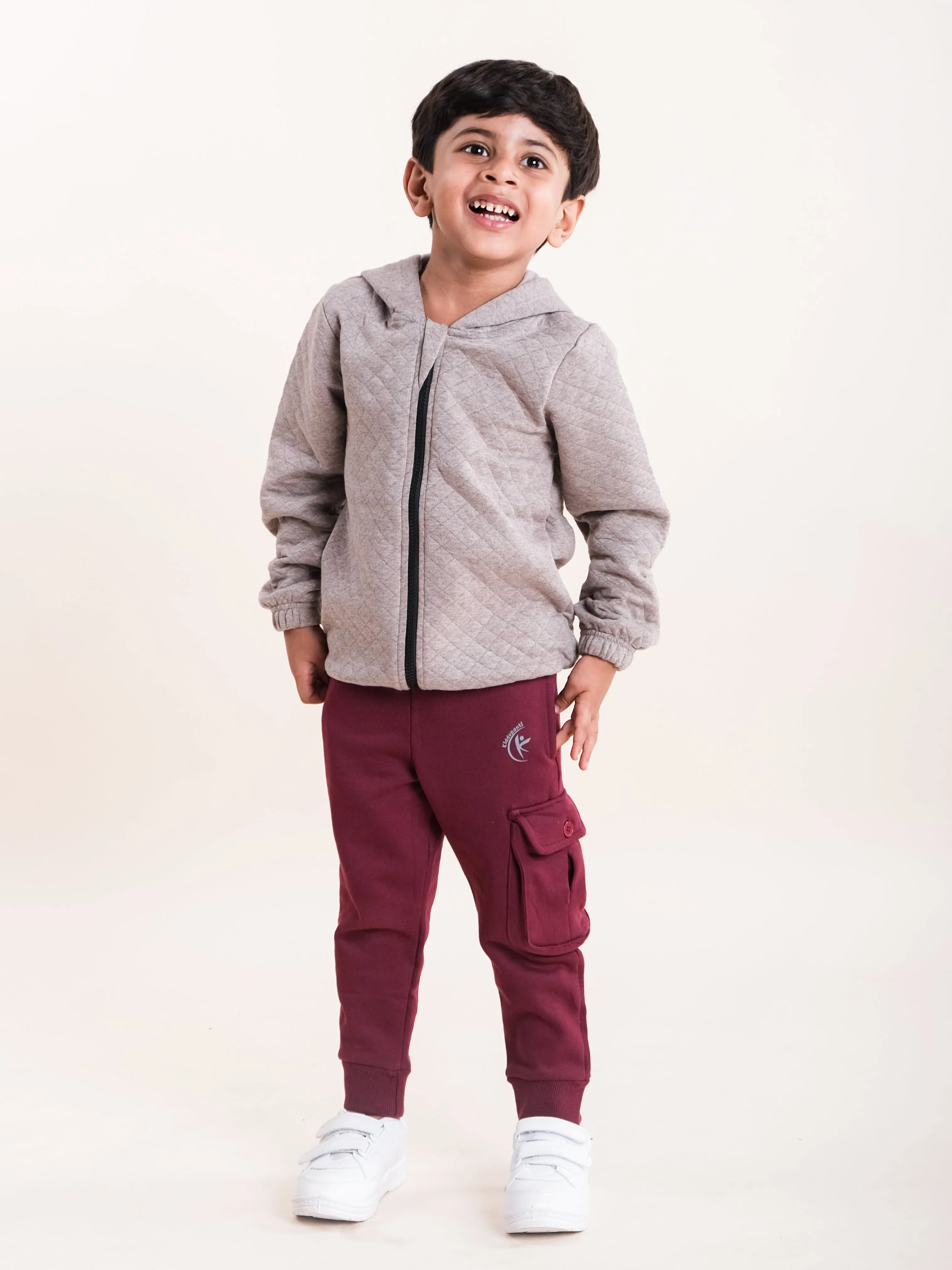 Boys Cotton Quilted Hooded Jacket With Fleece Cargo Track Pant Set