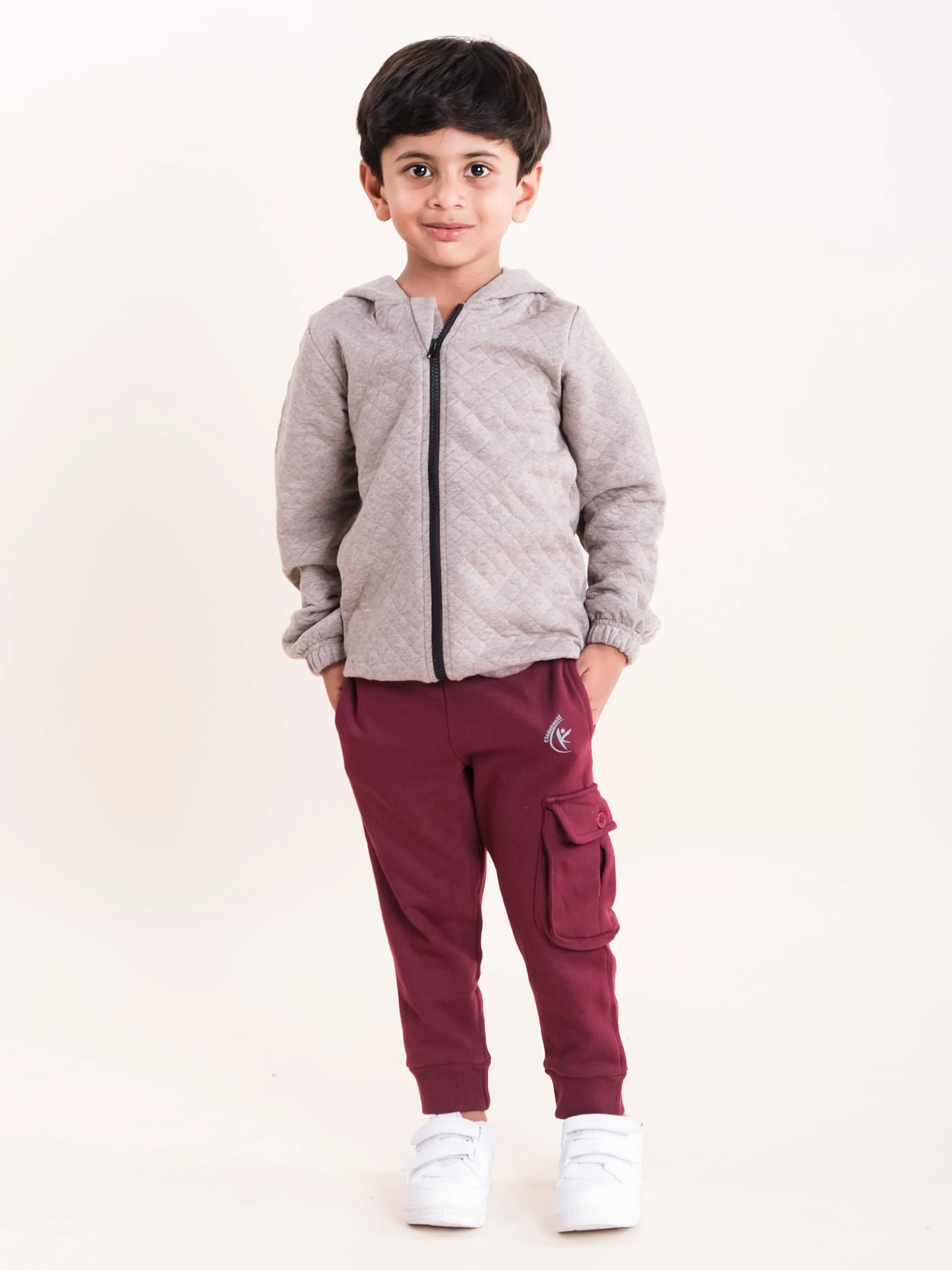 Boys Cotton Quilted Hooded Jacket With Fleece Cargo Track Pant Set