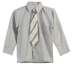 Boys Solid Long Sleeve Dress Shirt With Tie - Silver Gray