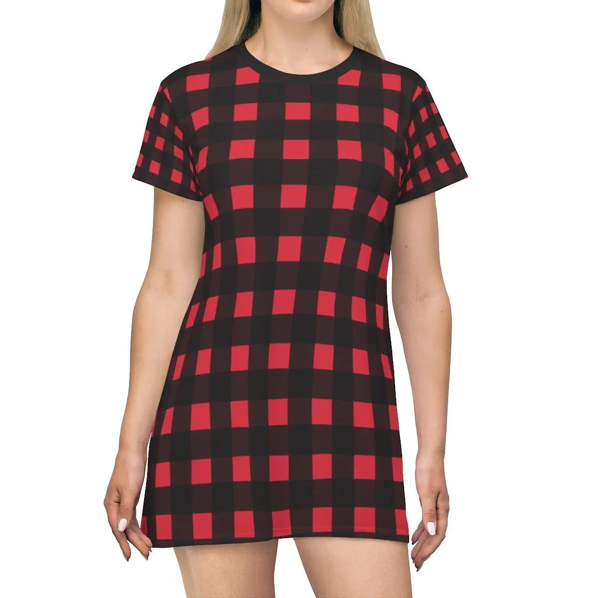 Buffalo Red Women's T-Shirt Dress, Plaid Print Designer Crew Neck T-shirt Dress-Made in USA