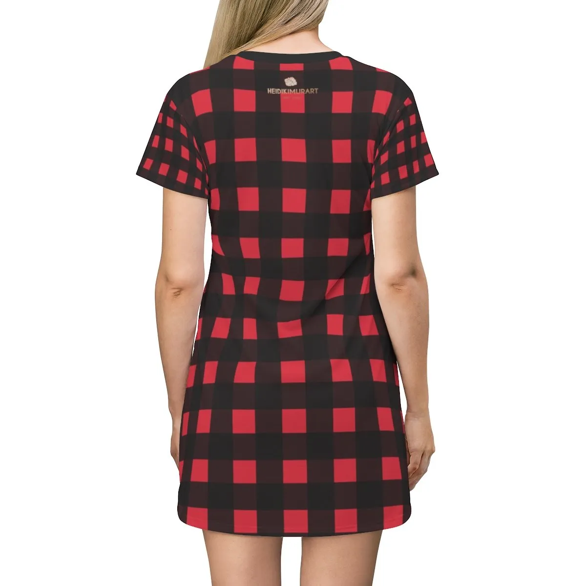 Buffalo Red Women's T-Shirt Dress, Plaid Print Designer Crew Neck T-shirt Dress-Made in USA