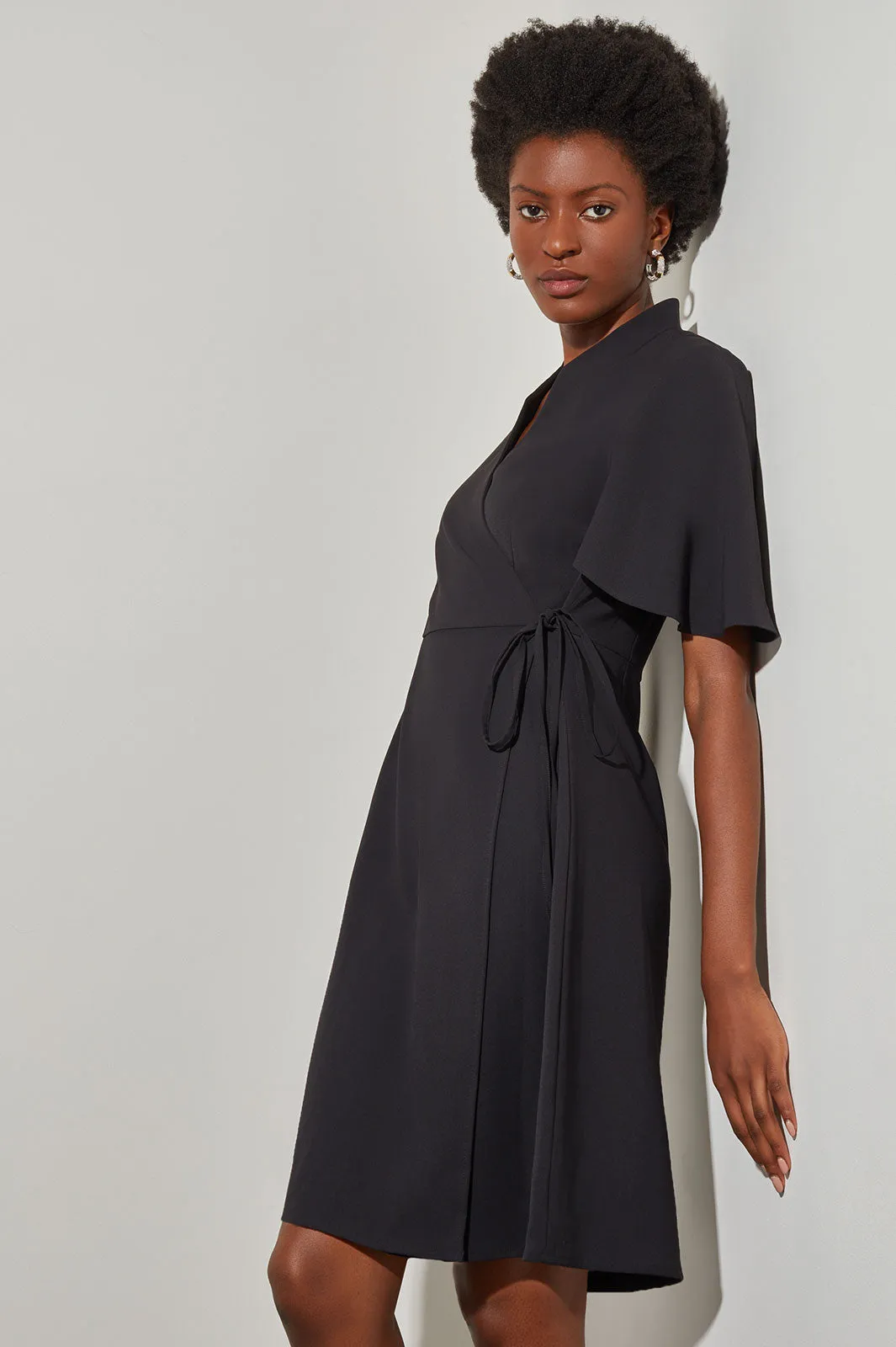 Butterfly Sleeve Crepe de Chine Wrap Dress, Black