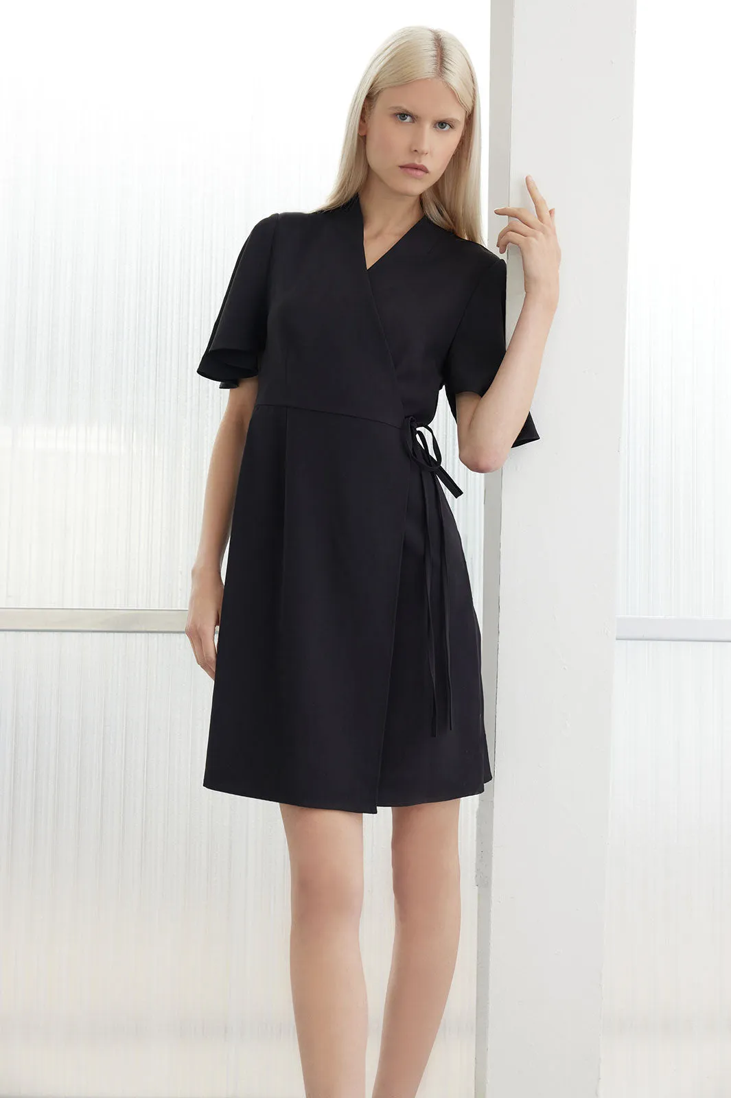 Butterfly Sleeve Crepe de Chine Wrap Dress, Black