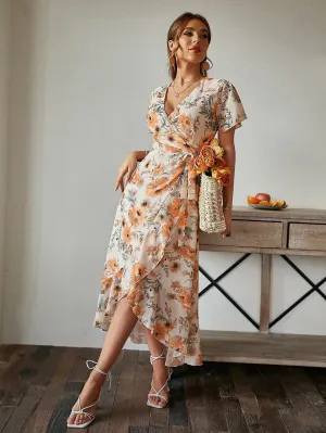 Cagliari Orange Wrap Floral Midi Dress