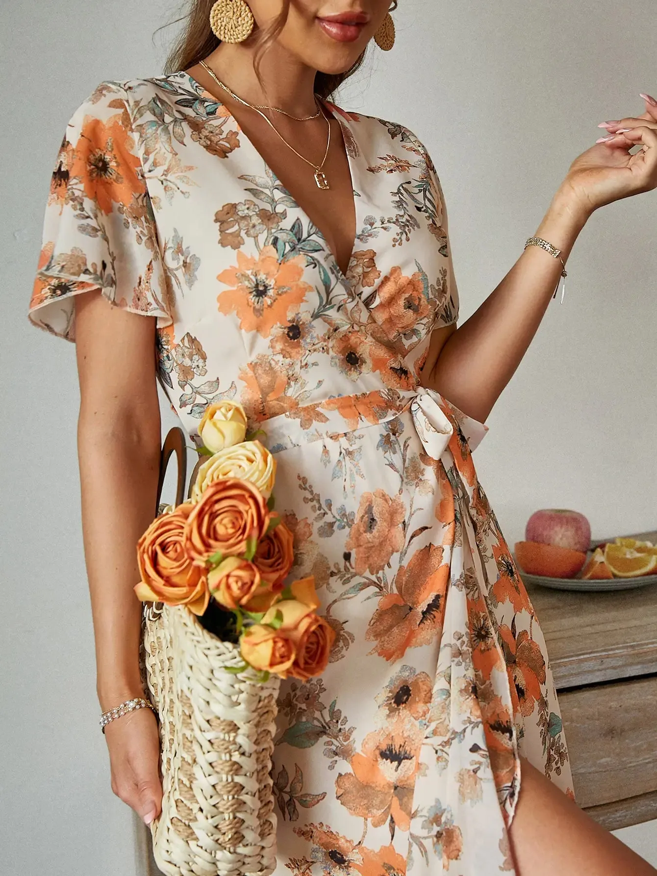 Cagliari Orange Wrap Floral Midi Dress