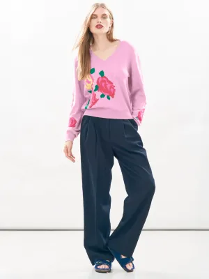 Cashmere Flower Vee Sweater in Rose