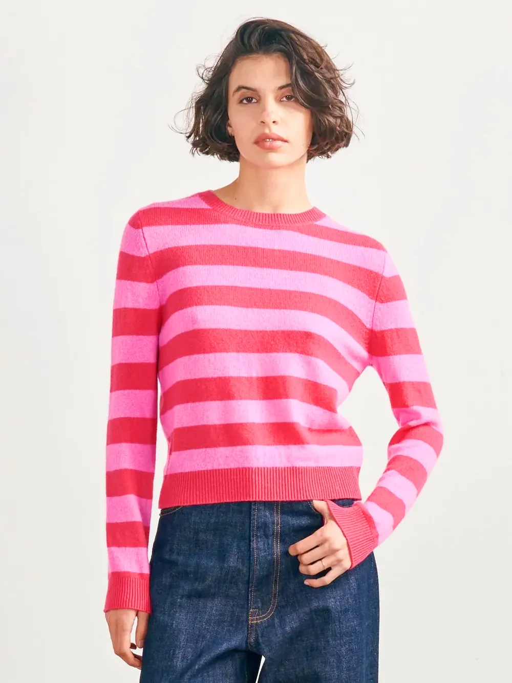 Cashmere Stripe Crew in Watermelon and Peony